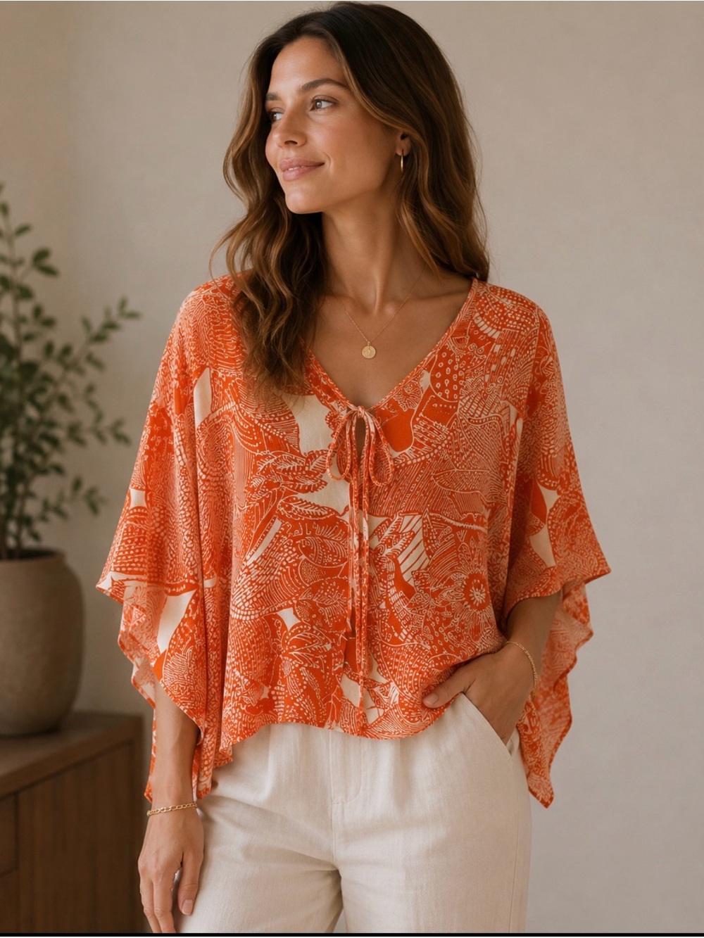 Talbots 100% Silk Orange White Tropical Floral Blouse Top Small Medium